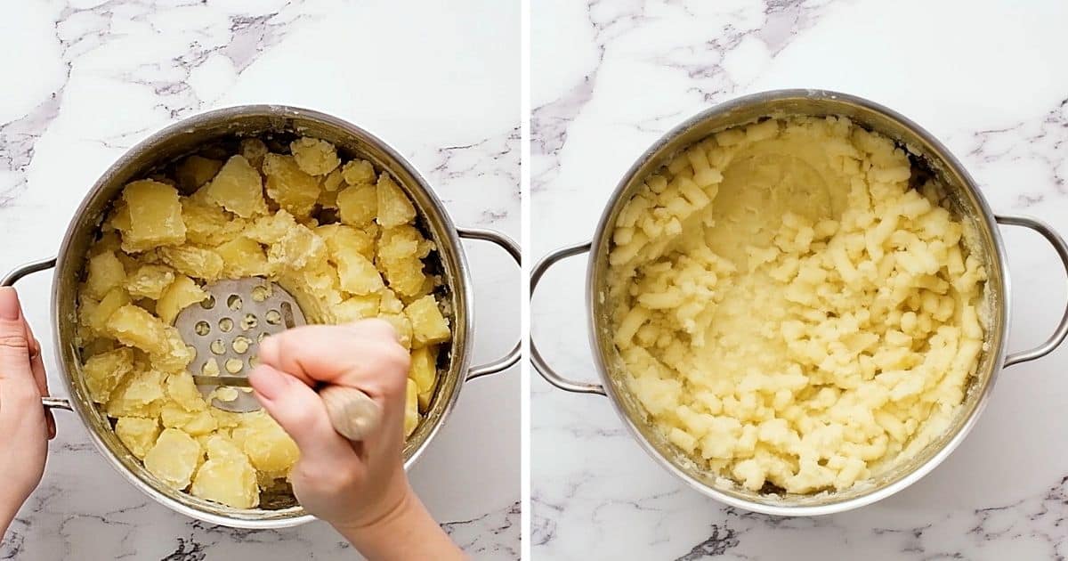 2 pictures showing how to mash potatoes with potato masher