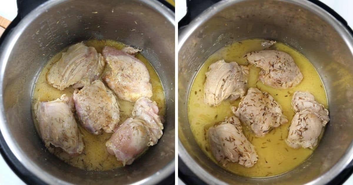 Side by side picture of lemon garlic chicken in instant pot before and after pressure cooking.