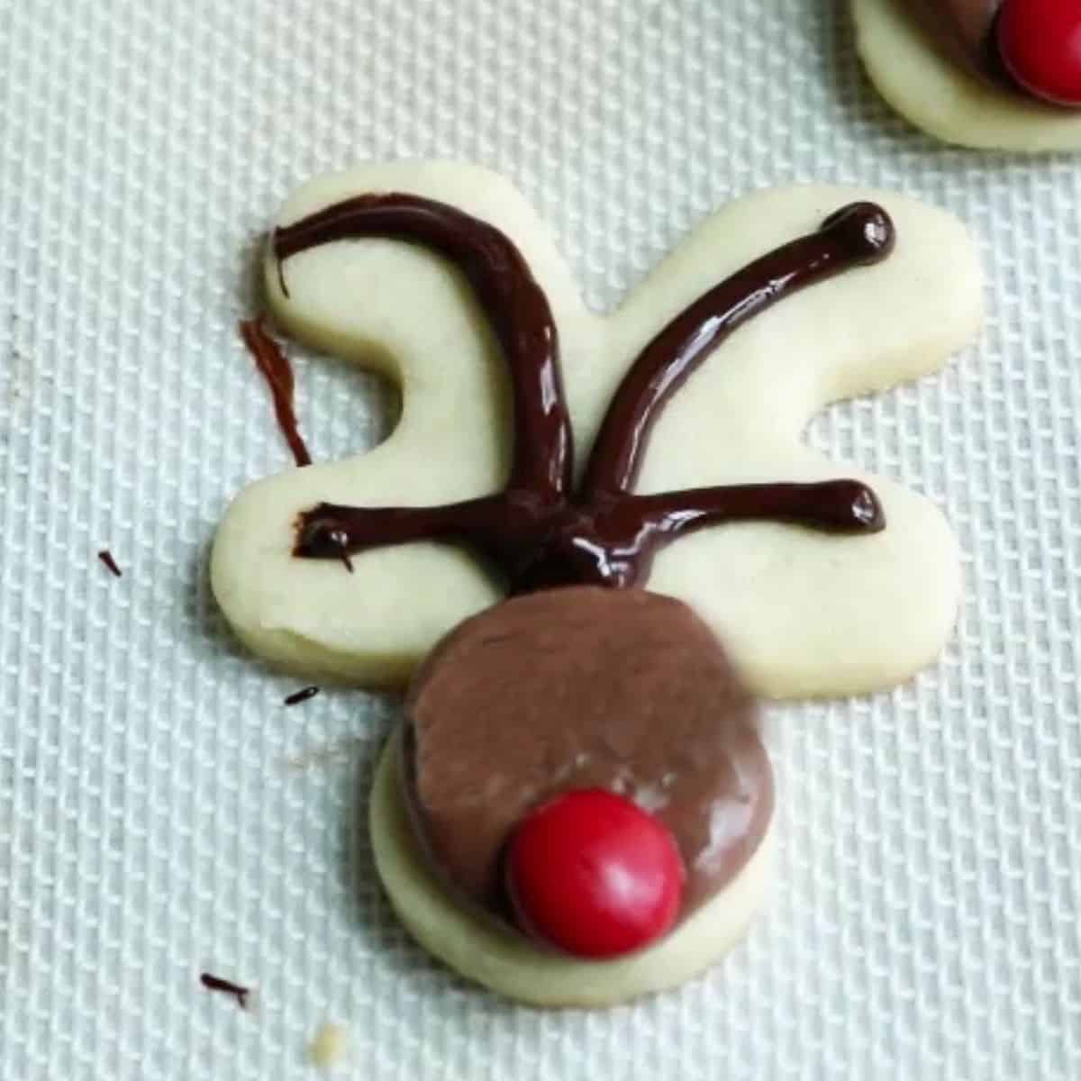 Piped chocolate for antlers on a gingerbread body.