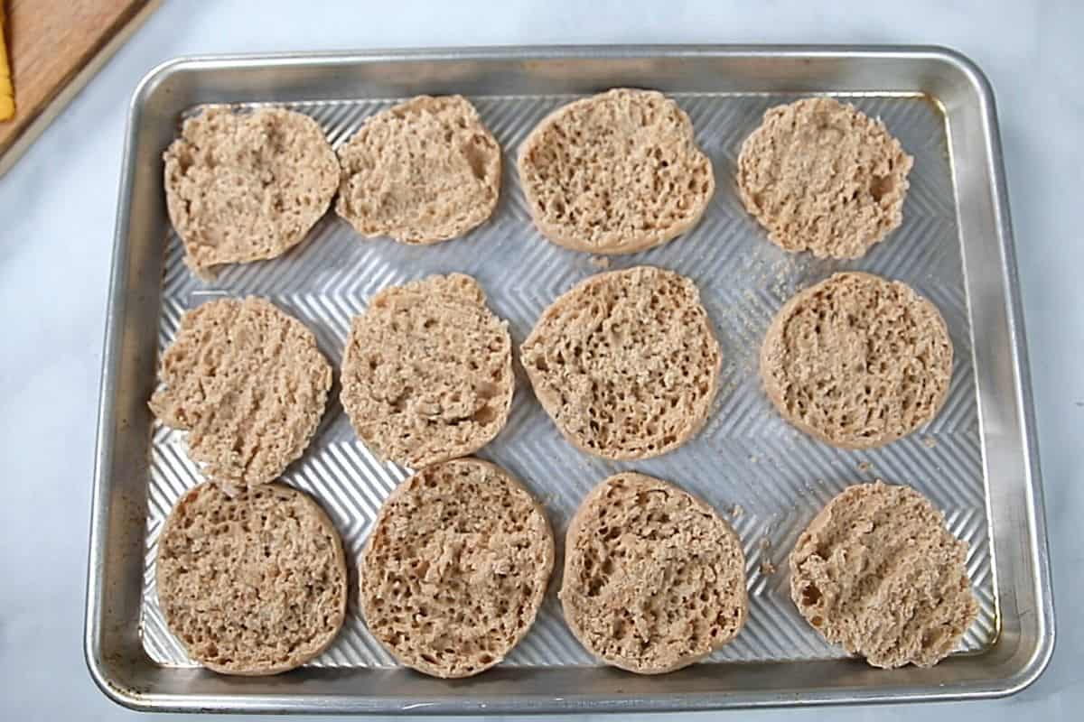 English muffins on sheet pan toasted. 