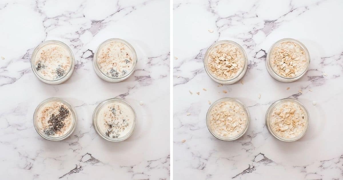 Jars of overnight oatmeal before and after mixing ingredients together. 