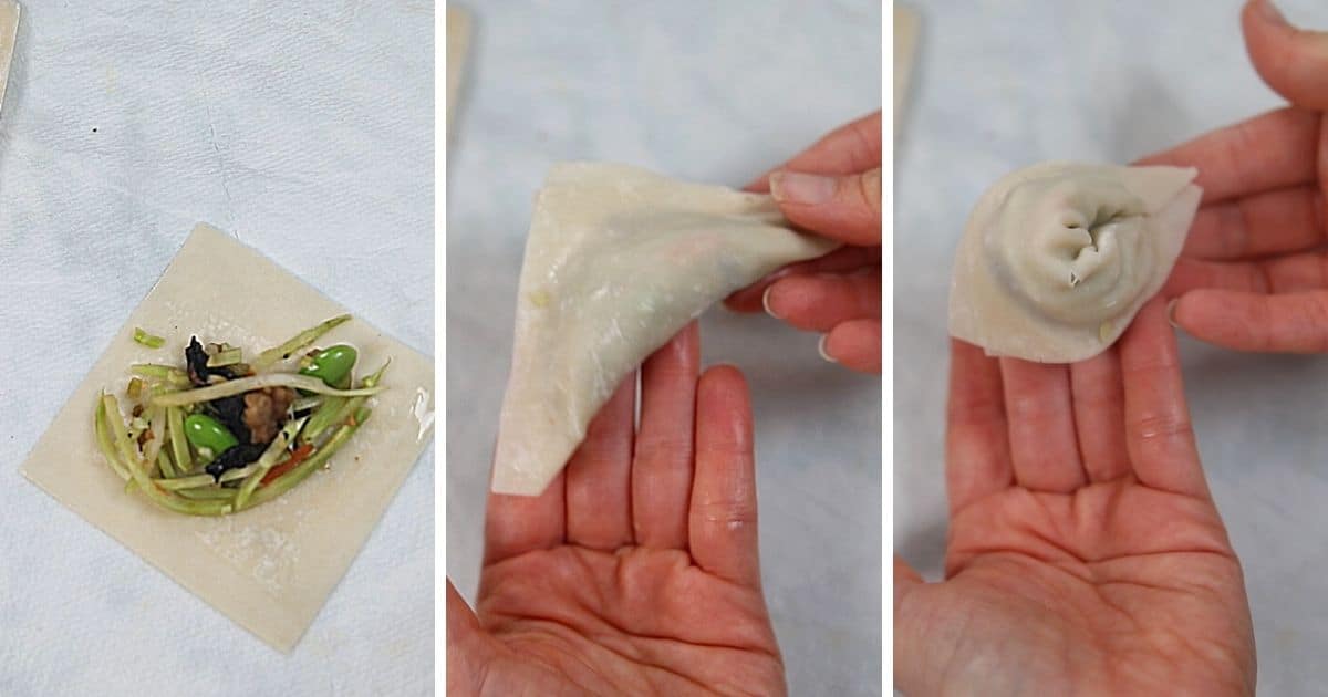Step by step pictures of forming and shaping potstickers.