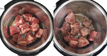 Side by side photos showing progress of searing chuck in instant pot.