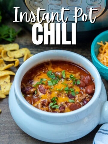 Bowl of chili with text that reads instant pot chili.
