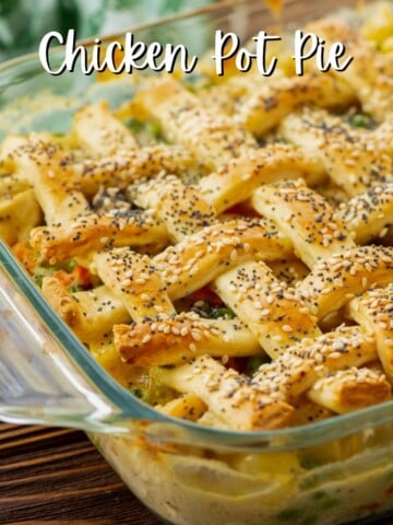 Baked Chicken Pot Pie with White Text Overlay.