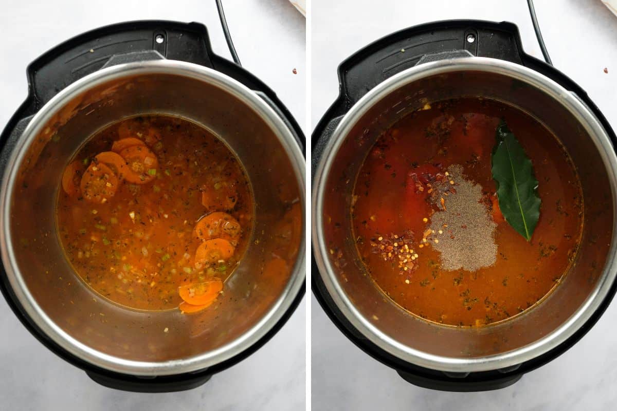 Side by side photo showing inner pot after deglazing and then after adding all the ingredients for the tomato soup.