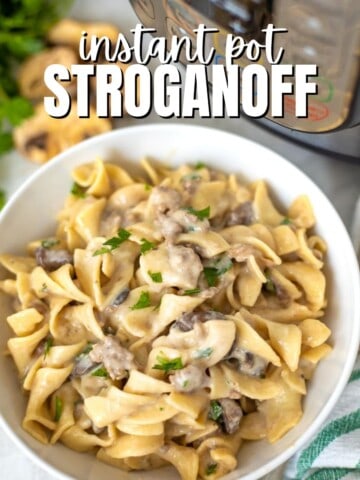 Stroganoff in white bowl with text that reads Instant Pot Stroganoff.