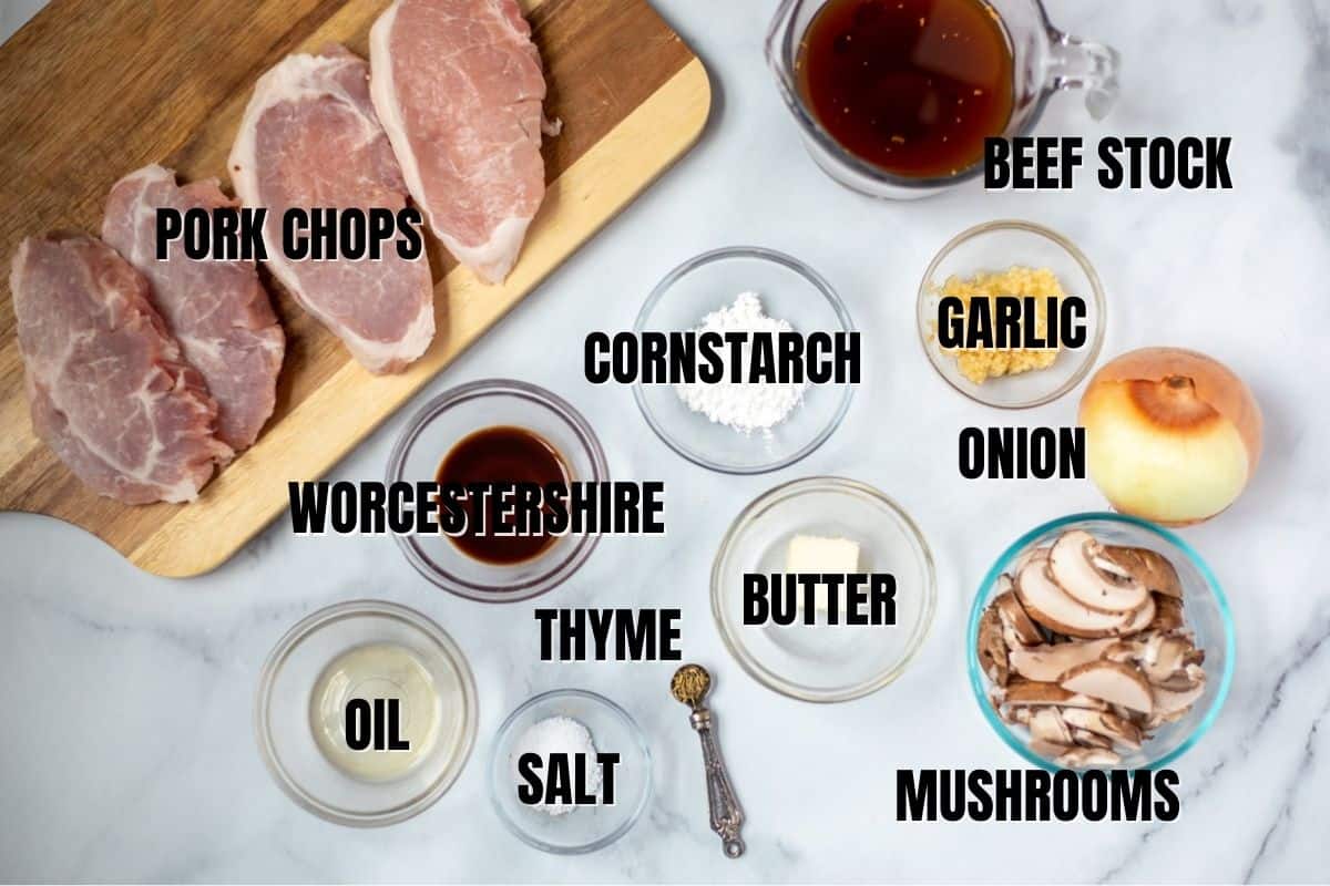 Ingredients for Instant Pot Pork Chops labeled on white counter.