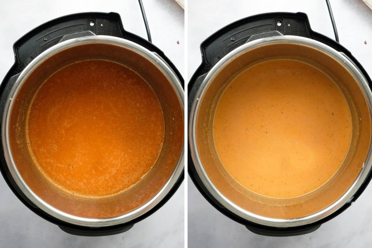 Blended tomato soup instant pot before and after adding cream. 