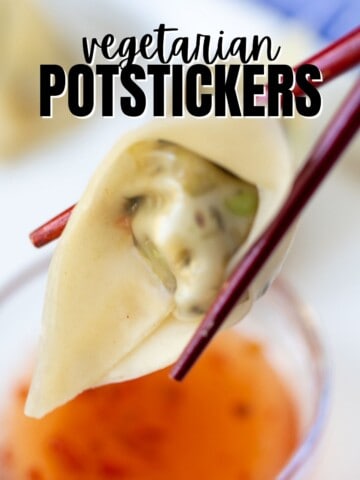 potsticker being picked up with chopsticks with text that reads vegetarian potstickers.
