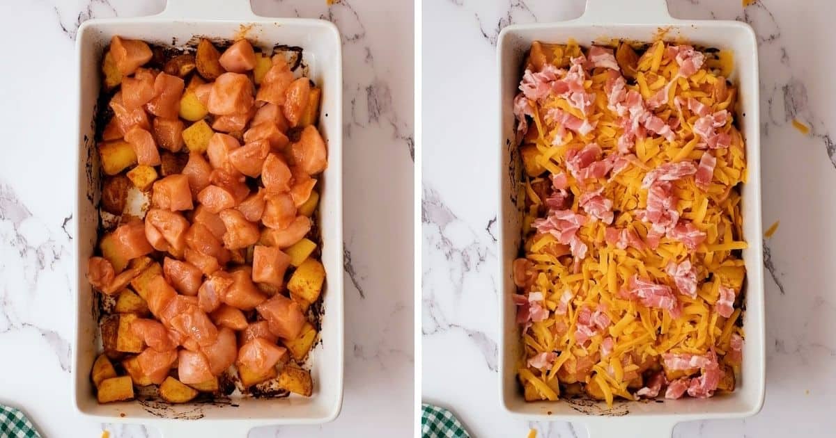 Side by side pictures of chicken and potatoes with and without bacon and cheese topping. 
