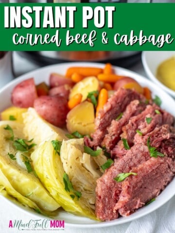 Corned Beef and Cabbage in platter with green title text.