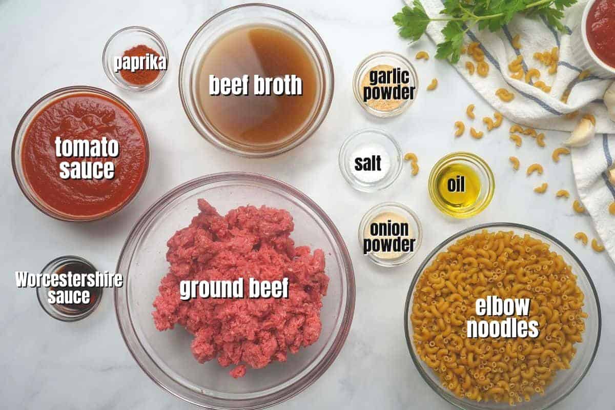 Ingredients for Hamburger Helper on counter labeled.