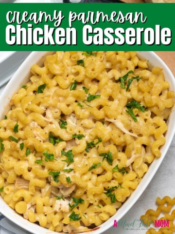 Chicken Casserole in white dish with green title text overlay.