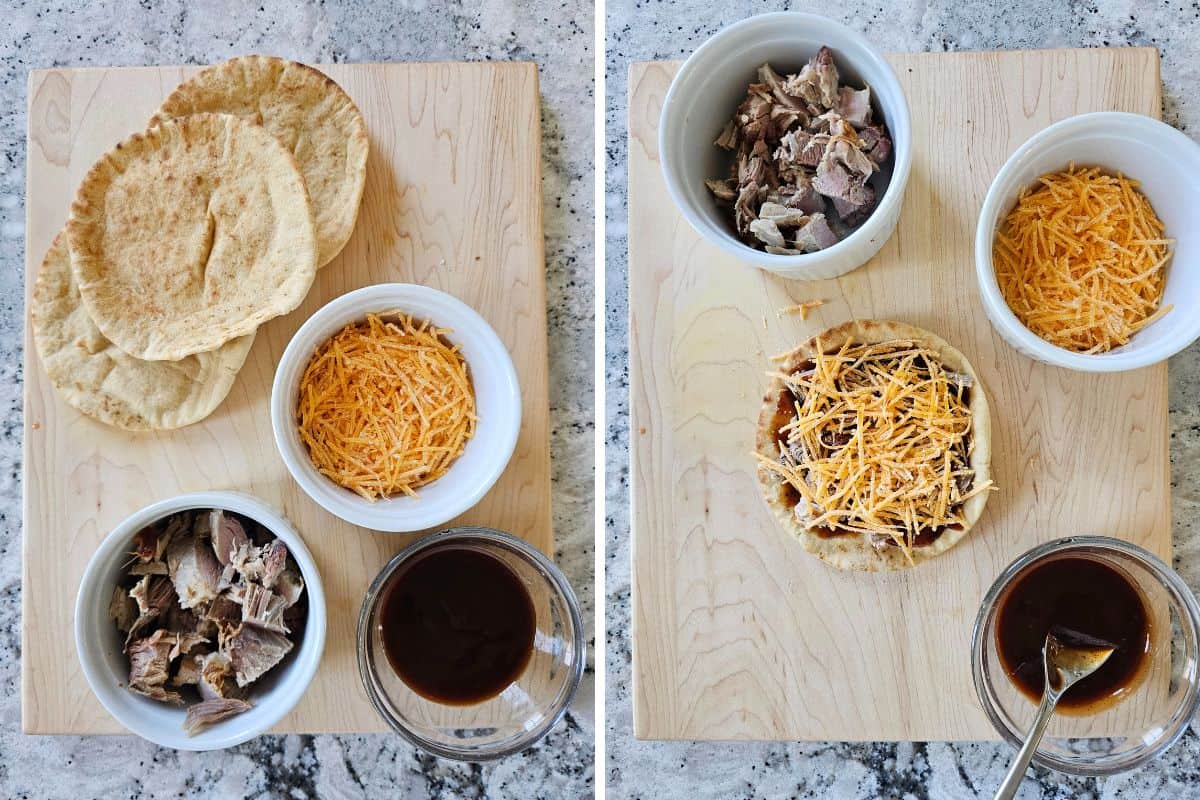 One photo showing pitas, BBQ sauce, leftover cooked pork, and cheese next to second photo showing BBQ pita pizza assembled.