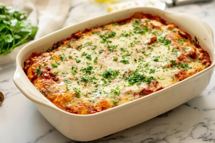 Easy No-Boil Baked Ravioli with Meat Sauce