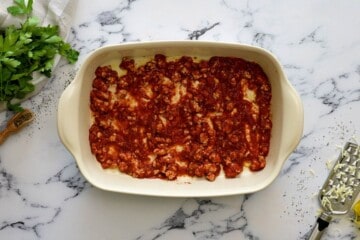 Meat Sauce in casserole dish for baked ravioli.