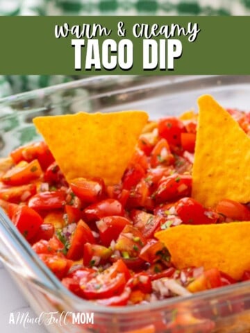 Taco dip in glass dish with green title text overlay.