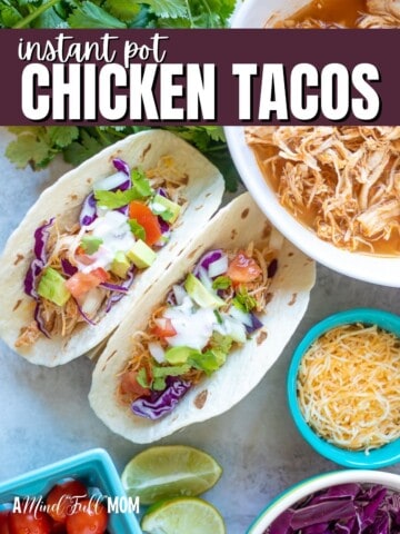 Two Chicken Tacos topped with lettuce with purple title text overlay.