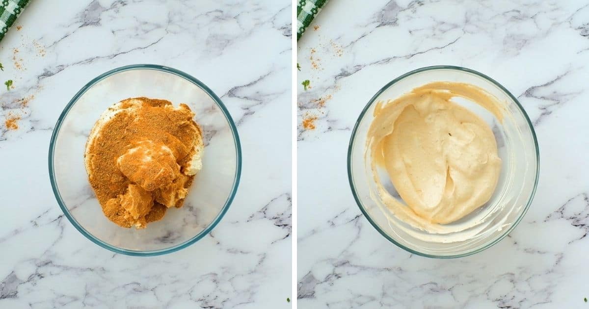 Side by side pictures with cream cheese and sour cream mixture before and after mixing.