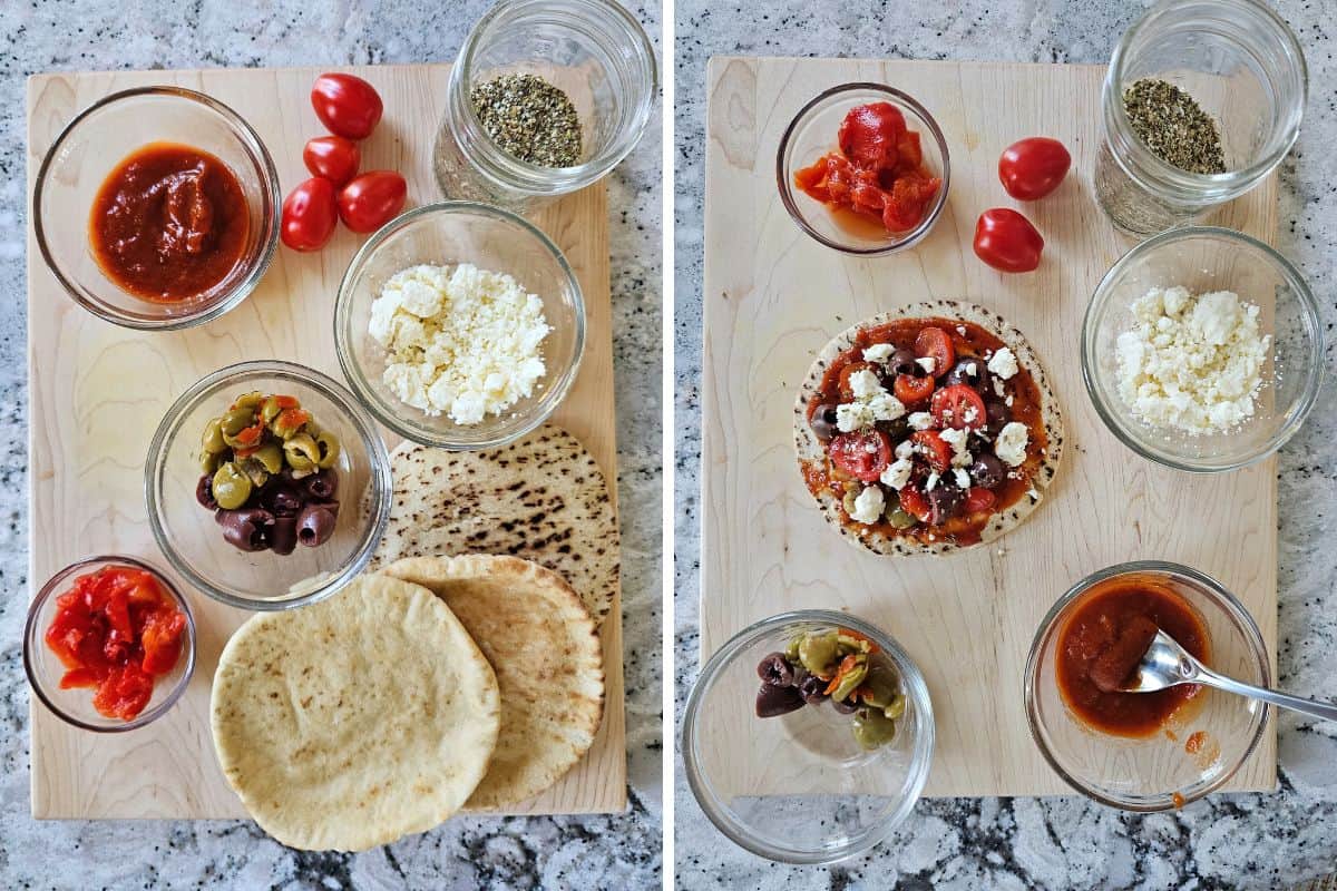 Photo showing ingredients for Greek Pita Pizza next to another photo showing pita pizza topped with marinara, olives, feta, tomatoes, roasted red peppers.