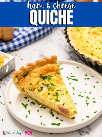Slice of Quiche on a white plate with blue title text overlay.