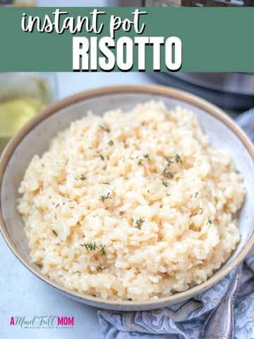Bowl of risotto with green title text overlay.