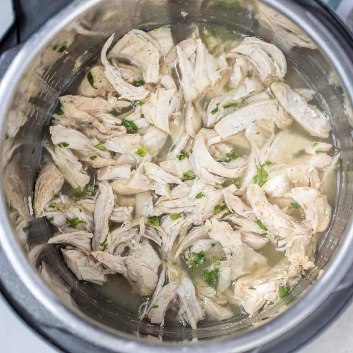Instant Pot With shredded chicken inside.