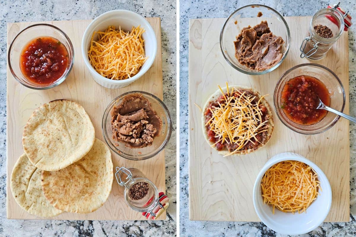One photo showing pitas, salsa, refried beans, taco seasoning, shredded cheese, next to photo showing taco pita pizza assembled.