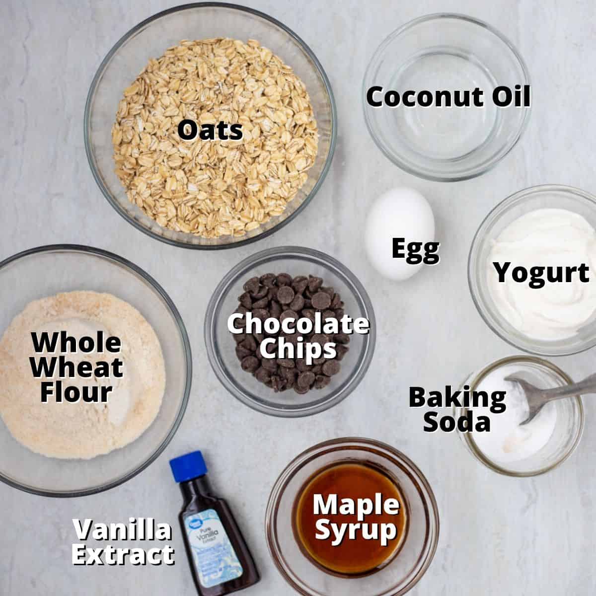 Ingredients labeled on white counter for baked oatmeal bars.