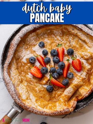 Dutch Baby Pancake in cast iron skillet with blue title text overlay.