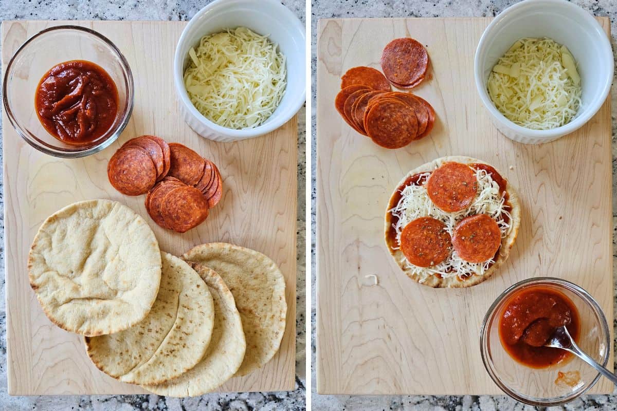 One photo showing pitas, pizza sauce, pepperoni, and cheese next to second photo showing pepperoni pita pizza assembled.