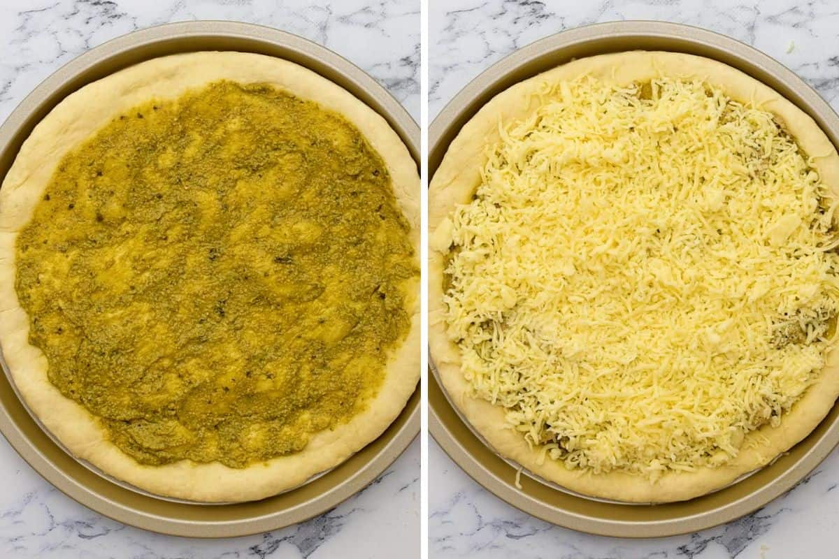 Side by side photo showing par baked pizza dough topped with pesto then topped with mozzarella cheese.