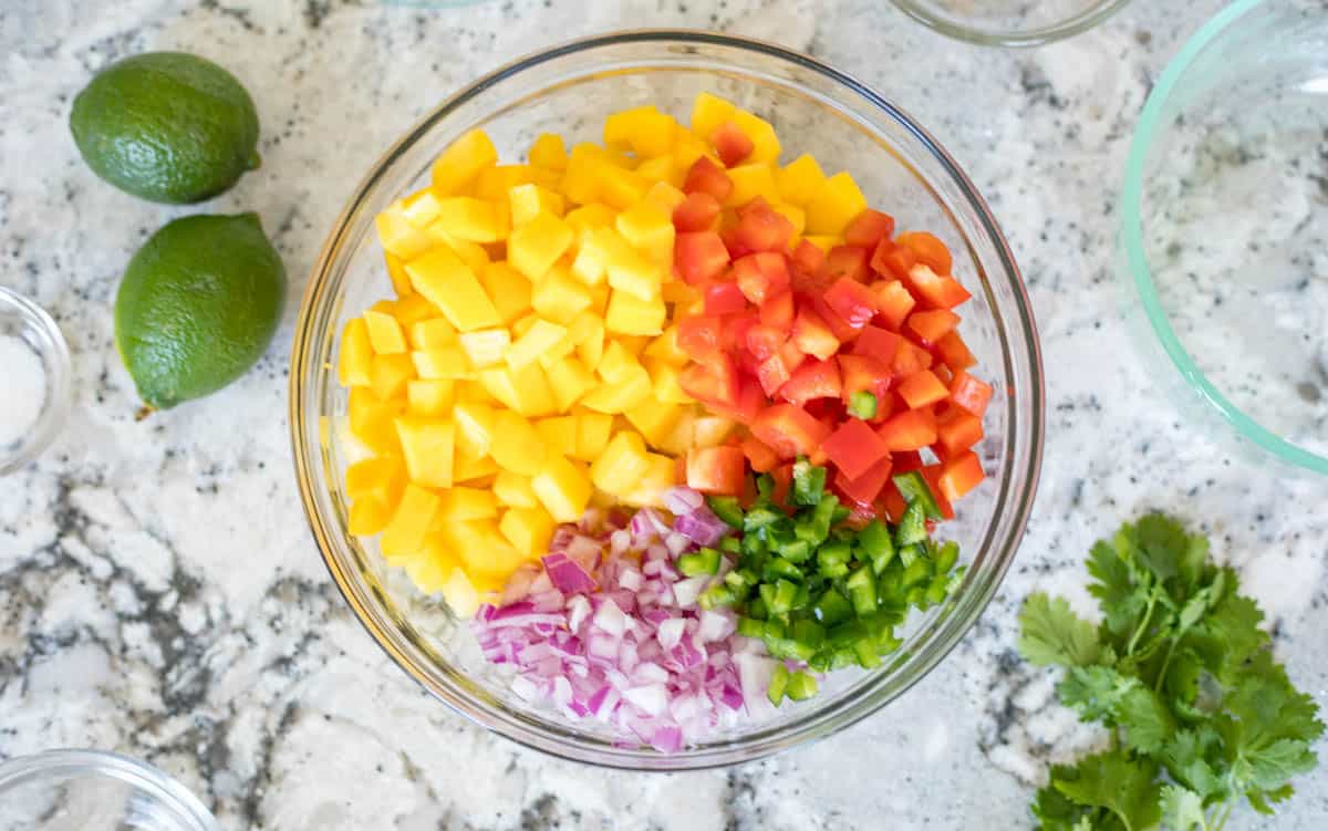Ingredients for Pineapple Mango Salsa in mixing bowl before mixing.