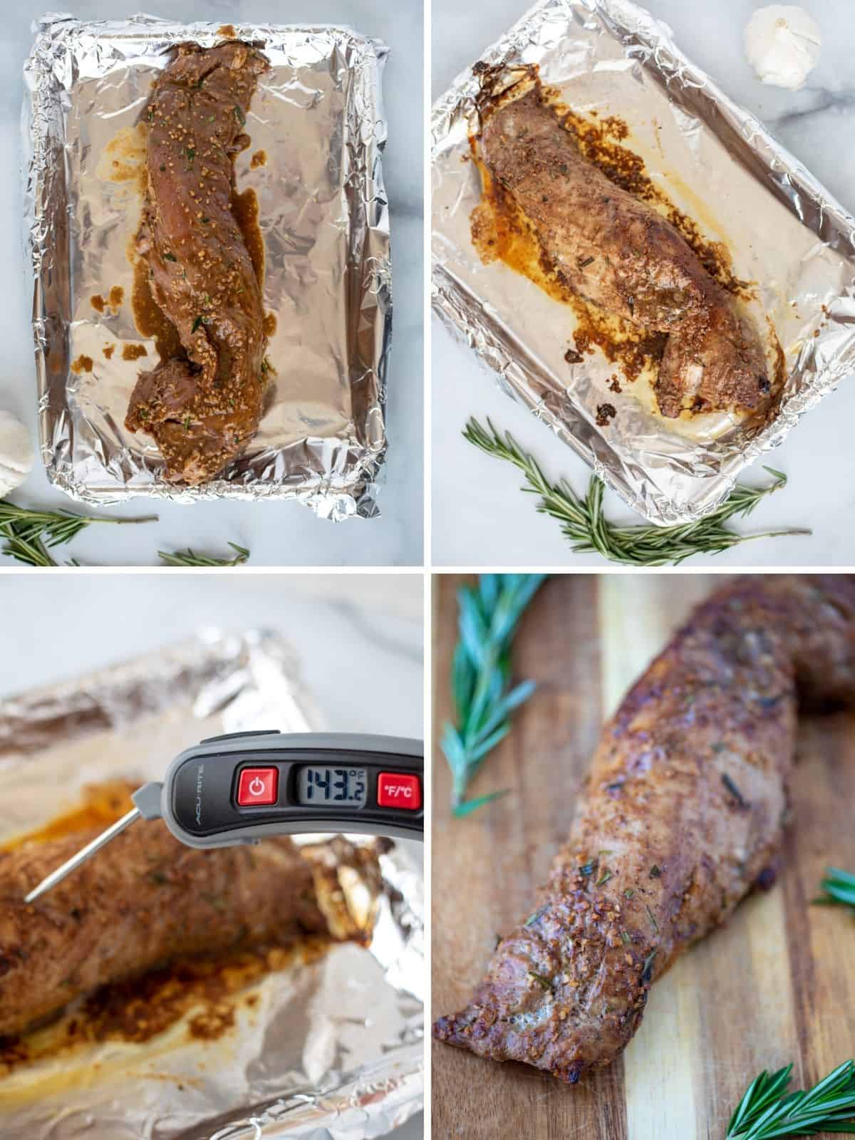Collage of 4 pictures showing marinated pork tenderloin on baking sheet, baked, at internal temp of 141, and resting on cutting board.