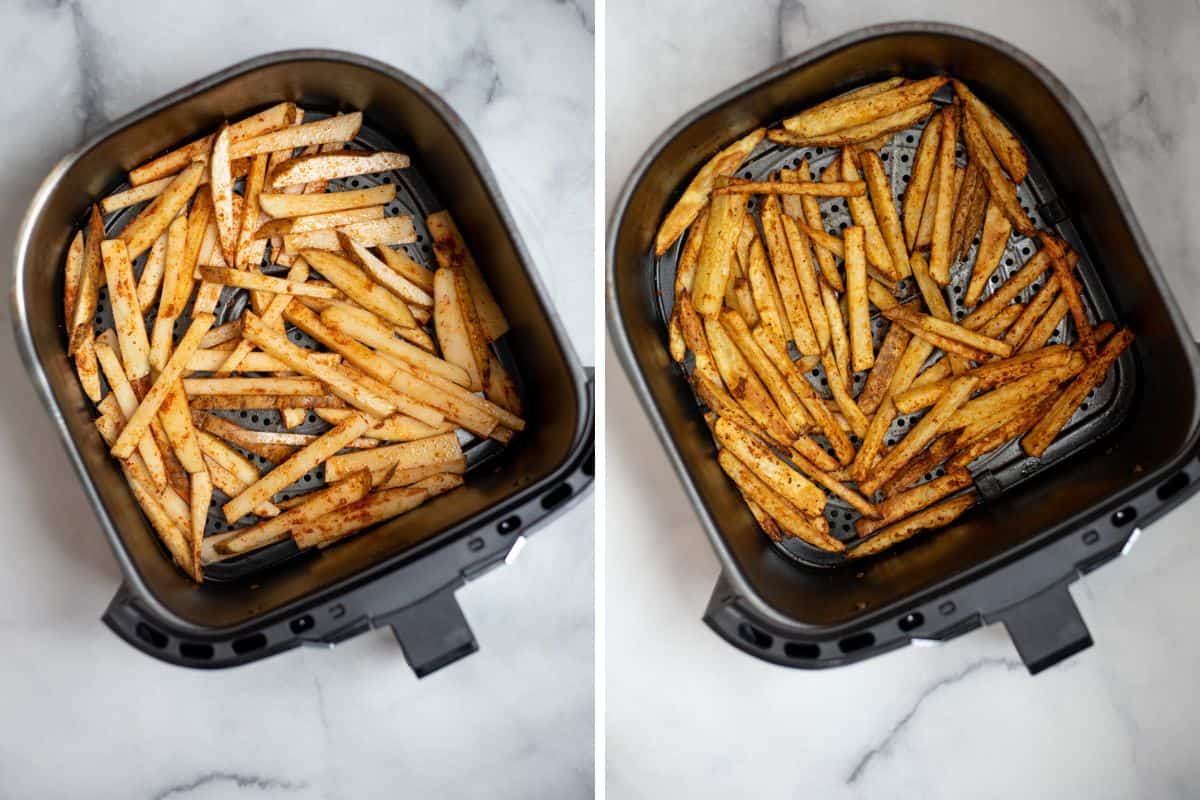 Side by side air fryer basket with fries before and after cooking. 
