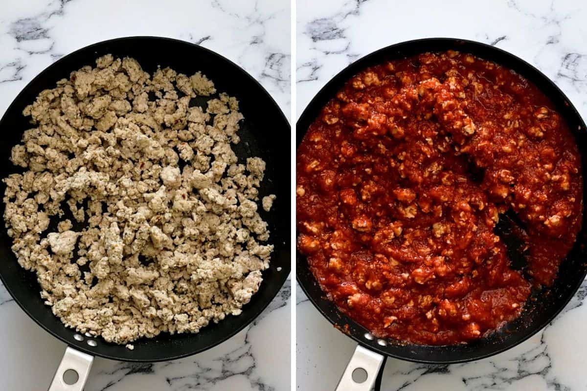 Side by side saute pan with browned Italian sausage next to saute pan showing sausage with marinara sauce.