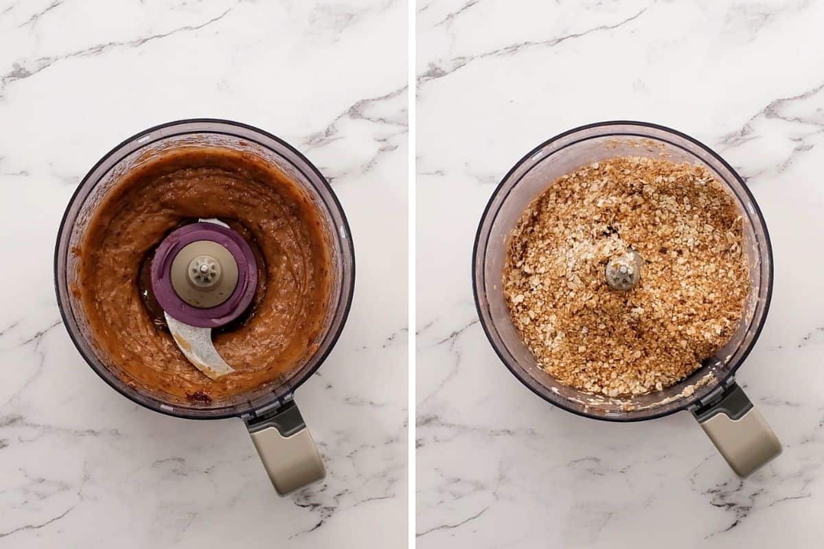 Side by side photos showing food processor with date mixture and then once oats are added.