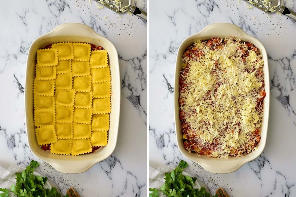 Side by side photos of casserole dish showing how to layer ravioli and then top with cheese and sauce.