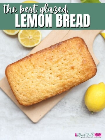 Loaf of lemon bread on wooden cutting board with title text overlay.