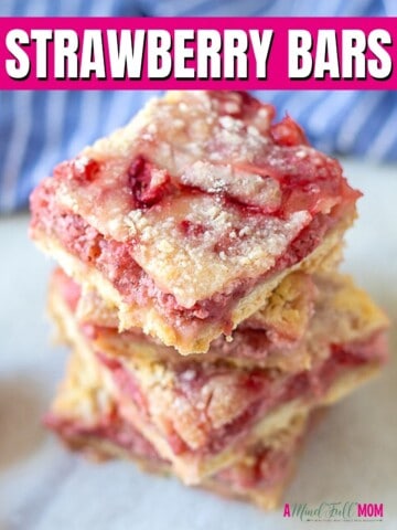Strawberry Crumb Bars sliced stacked up in slices with pink title text overlay.