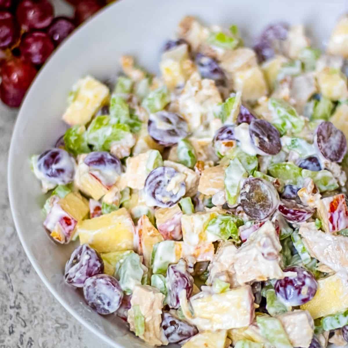 Bowl with chicken, grapes, apples, and chicken mixed together with mayonnaise based dressing. 
