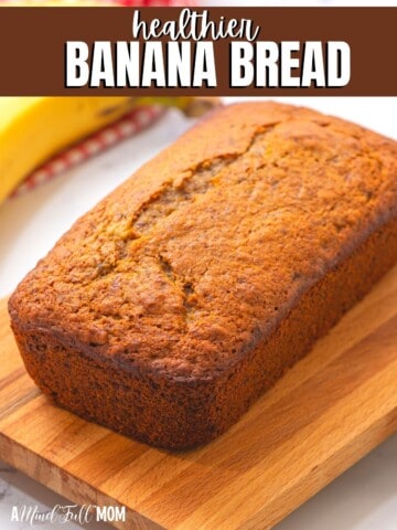 Banana Bread on wooden cutting board with red title text overlay.