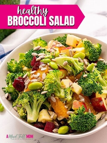Bowl of broccoli Salad with pink text overlay.