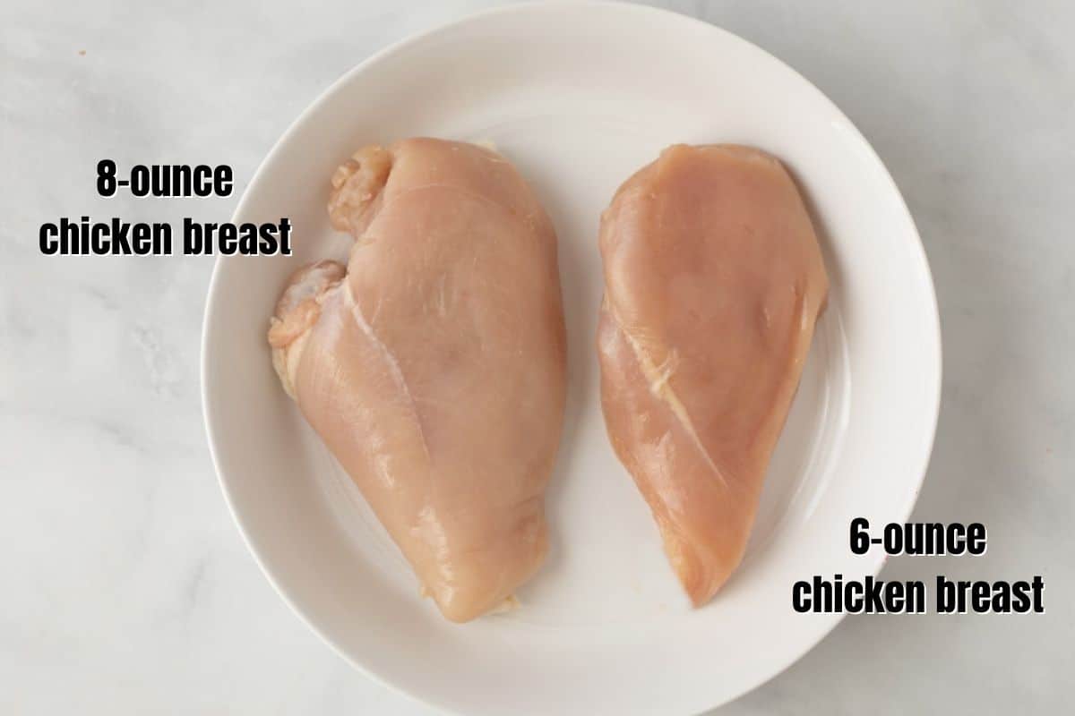 Two Chicken breasts on white plate with text overlay.