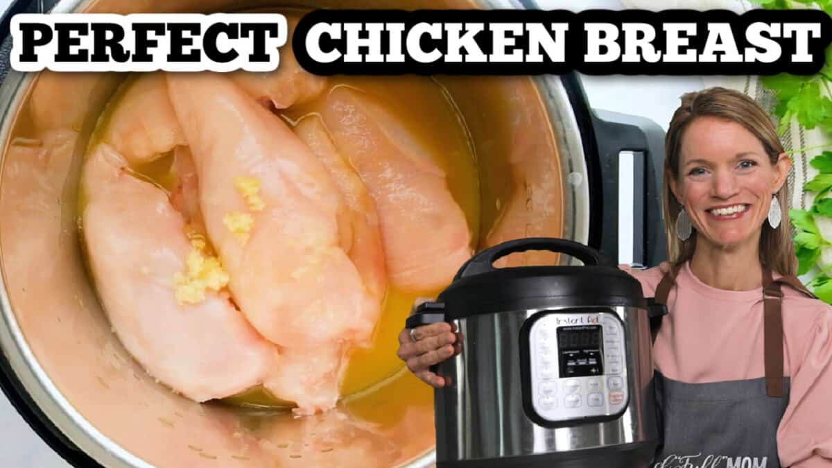 Instant Pot with chicken breast next to Kristen holding Instant pot with title that reads Perfect Chicken Breast.