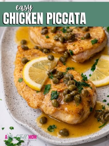 Chicken Piccata on white platter with title that reads chicken piccata.