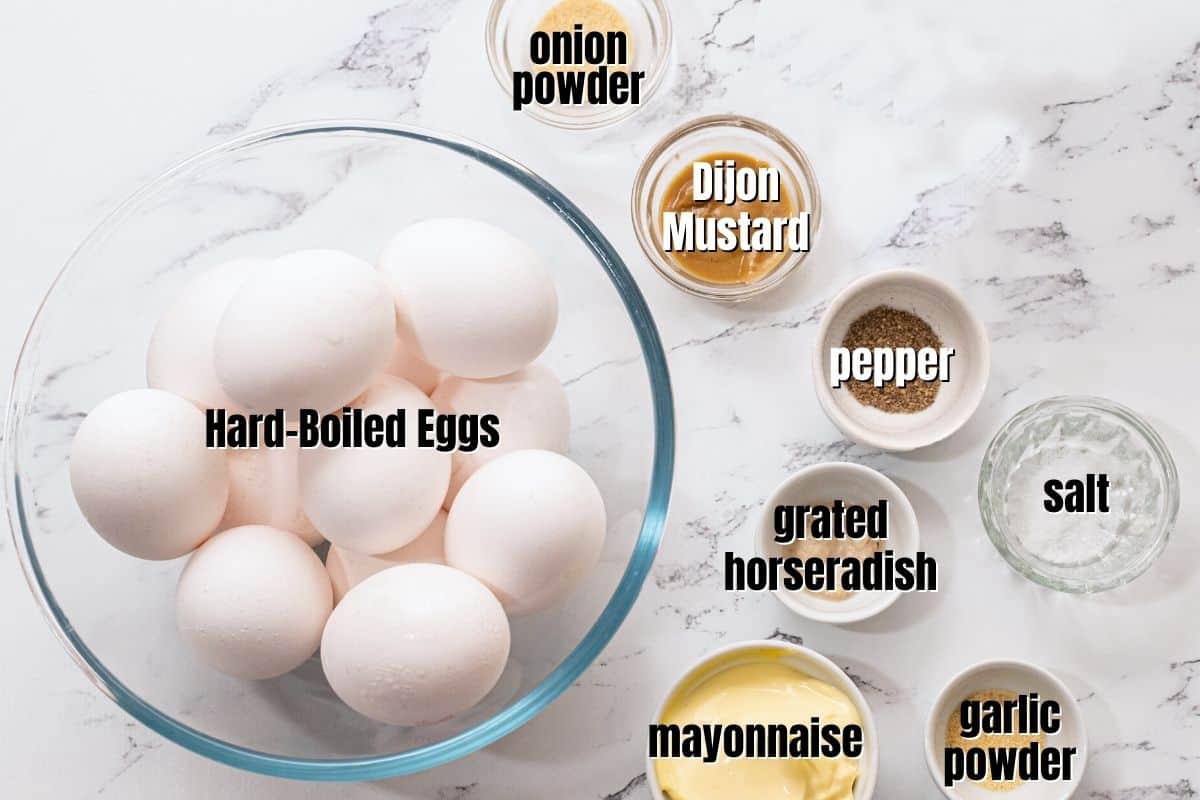 Ingredients for Egg Salad labeled on counter. 