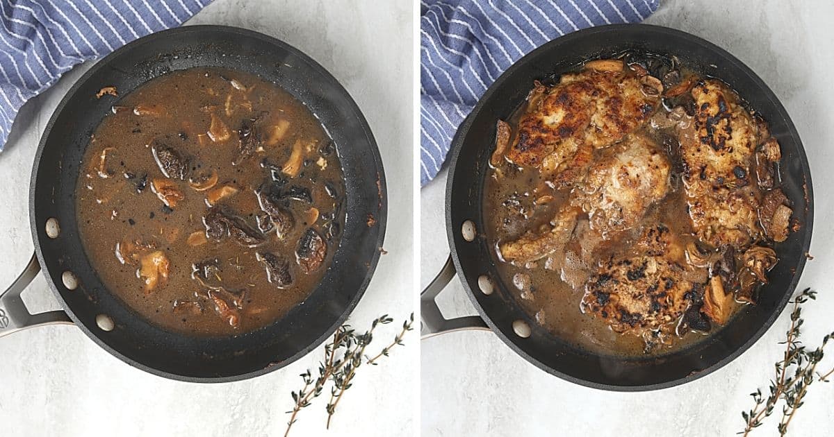Side by side pictures showing skillet with marsala sauce and one with chicken in marsala sauce
