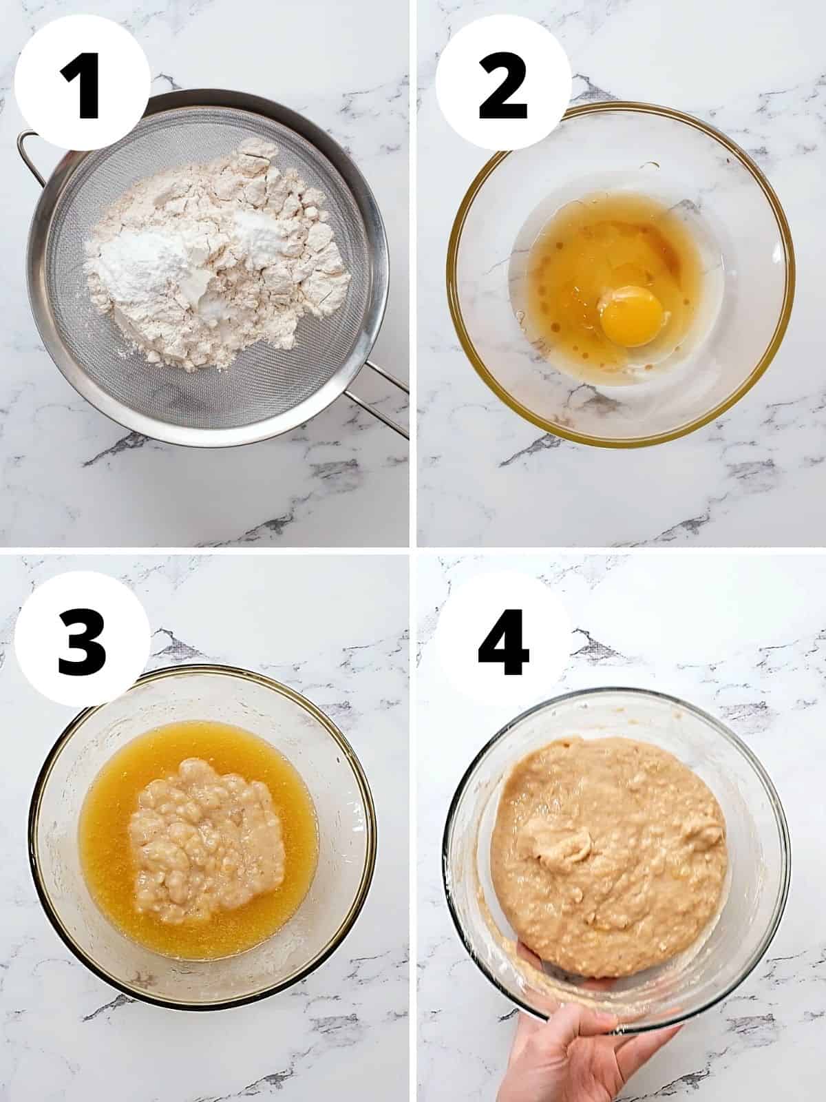 Collage of 4 pictures showing steps to mixing batter: sifting flour, combining egg and honey, adding banana, combining ingredients. 